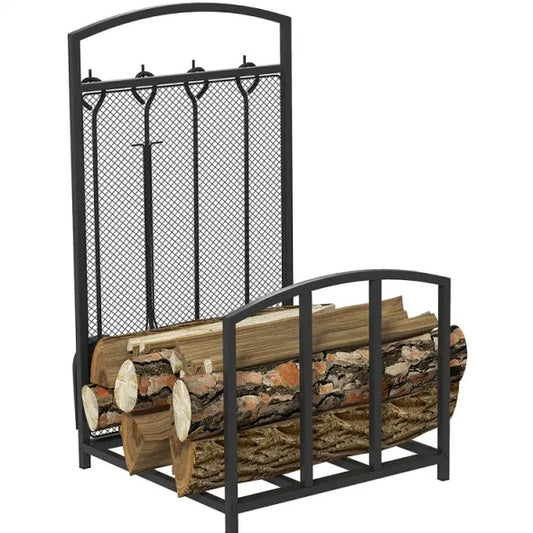 HOMCOM Firewood Rack With Fireplace Tools, Indoor Outdoor Firewood Holder For Fireplace, Wood Stove, Hearth Or Fire Pit, Wood Storage Log Rack Includes Poker, Tongs, Broom, Shovel, Black