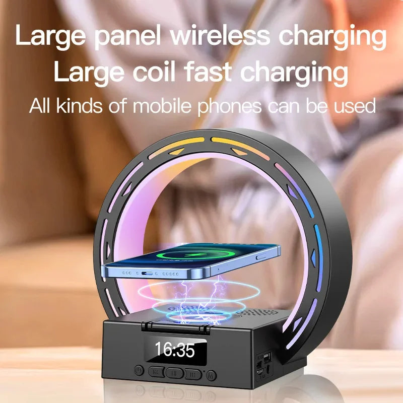 4 In 1 Wireless Bluetooth-compatible Speaker Charging Pad Bedside Lamp With Alarm Clock Wake-Up Light For Bedroom Support USB Drive TF Card