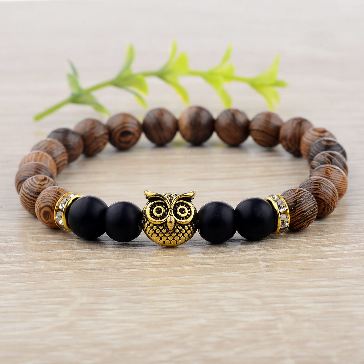 Owl frosted stone lifeline wood grain bracelet