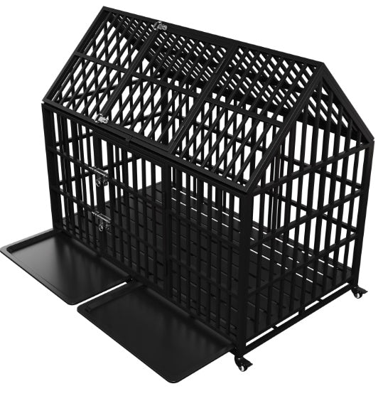 Heavy Duty Dog Crate 54 Inch Indestructible Pet Dog Cage Crate Kennel With Roof Top 2 Doors Removable Trays