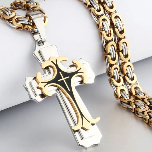 Fashion Jewelry Christian Trinity Latin Cross Necklace For Men Stainless Steel Three Layers Cross Pendants Necklaces Jewelry Gift