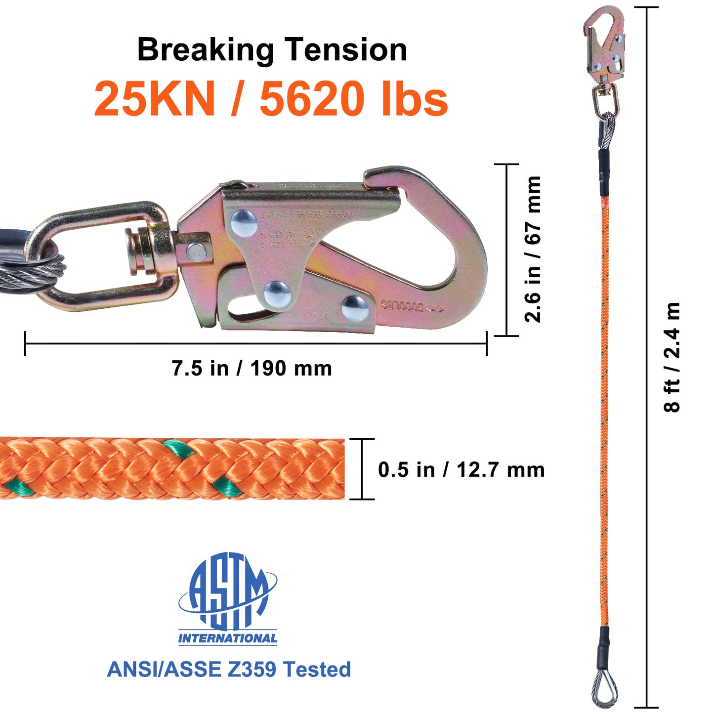 VEVOR Steel Core Flipline,  Arborist Flipline, Flip Line For Tree Climbing With Alloy Steel Snap Hook, Aluminum Alloy Carabiner And Extra Tool Lanyard, For Arborist, Tree Climbers