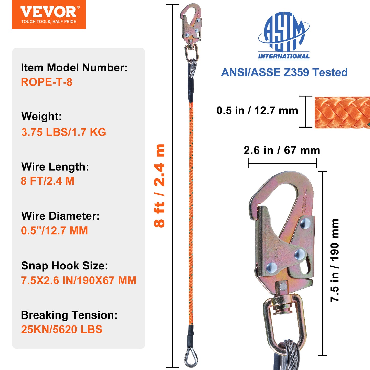 VEVOR Steel Core Flipline,  Arborist Flipline, Flip Line For Tree Climbing With Alloy Steel Snap Hook, Aluminum Alloy Carabiner And Extra Tool Lanyard, For Arborist, Tree Climbers