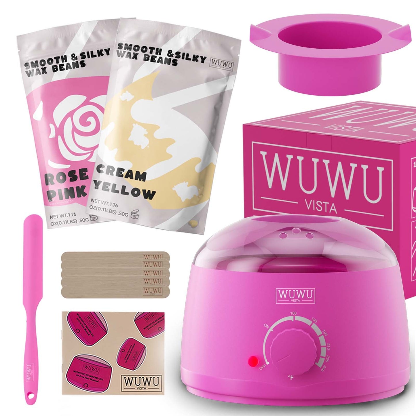 Waxing Kit 11 Items WUWUVISTA Hair Removal Wax Kit With Wax Melt Warmer Waxing Beads For Face,Brazilian,Full Body,Bikini,Sensitiive Skin Suitable For Plugs Of American, European Specification