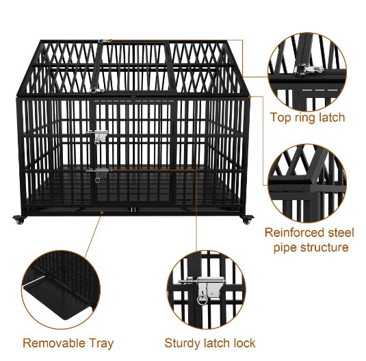 Heavy Duty Dog Crate 54 Inch Indestructible Pet Dog Cage Crate Kennel With Roof Top 2 Doors Removable Trays