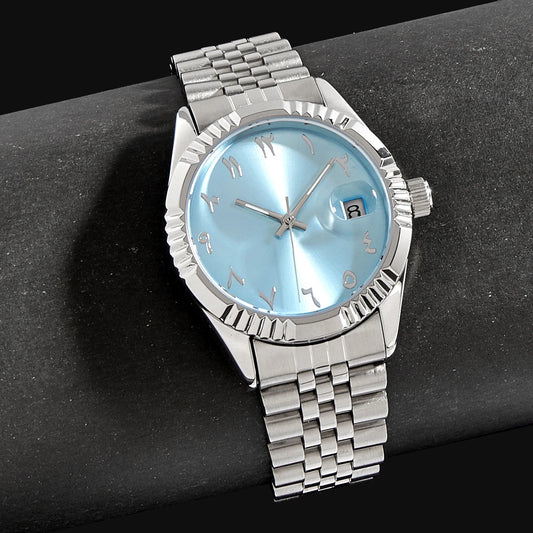 Baby Blue Arabic Watches Unisex Steel Watchband Mechanical Wristwatch Waterproof