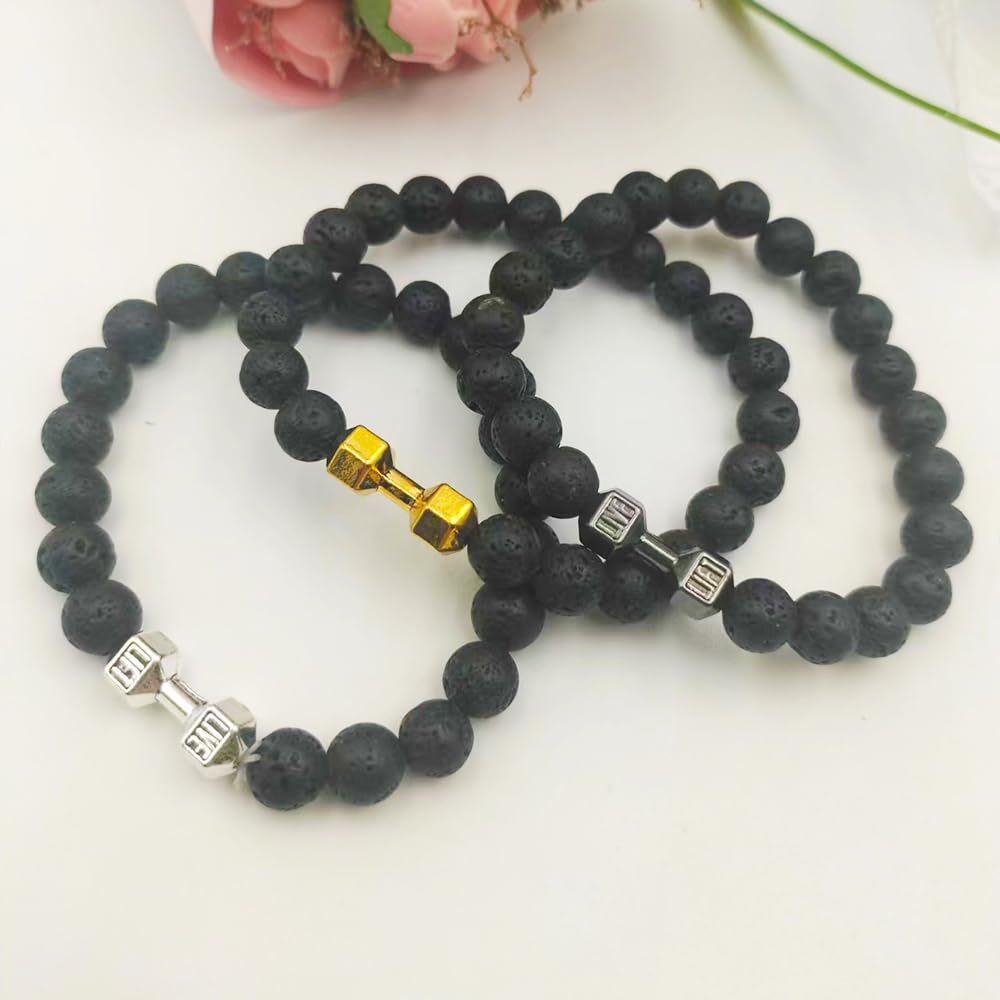 Men's Jewelry Alloy Metal Barbell & Lava Rock Stone Beads Fitness Fashion Dumbbell Bracelet